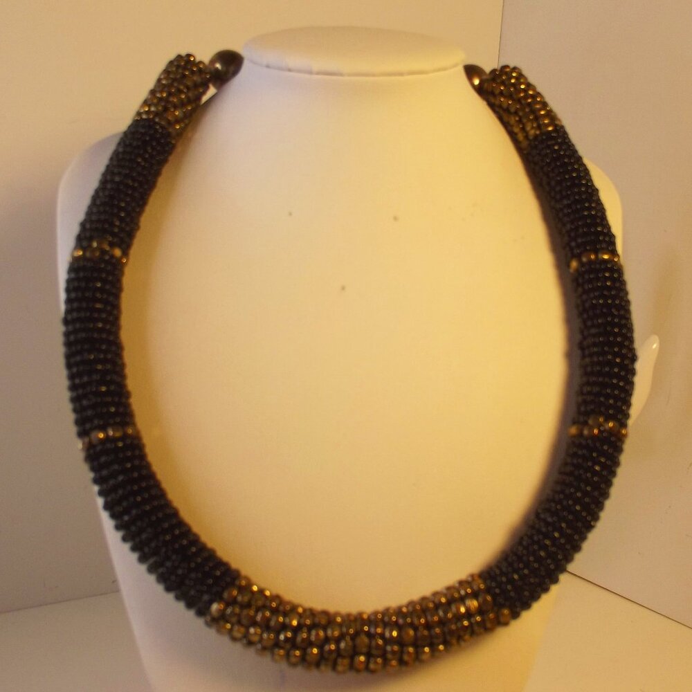 Twisted Black & Bronze Tone Seed Bead Choker Necklace